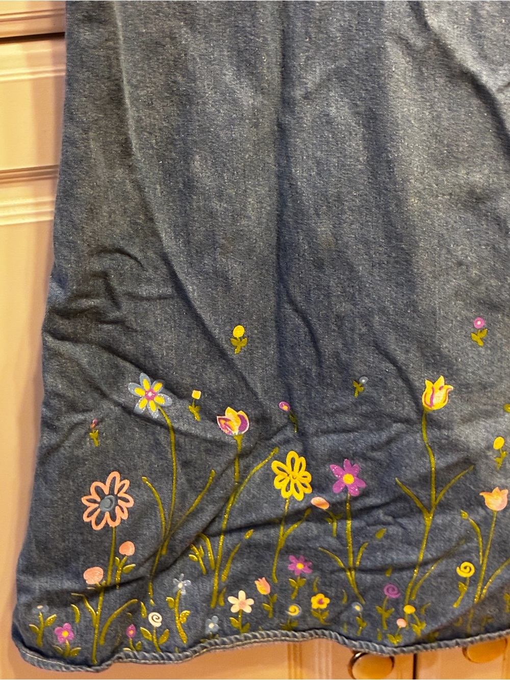 ZOEY Denim Floral Embroidered Girls' Sundress - Blue with Yellow Trim, Size: 7 - Picture 2 of 11